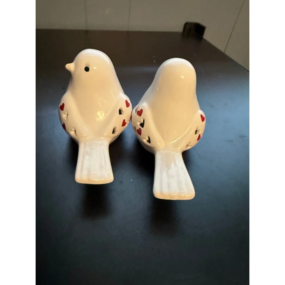 Ceramic Light Up Valentine Love Birds White Heart Cutout LED Figurines Set of 2